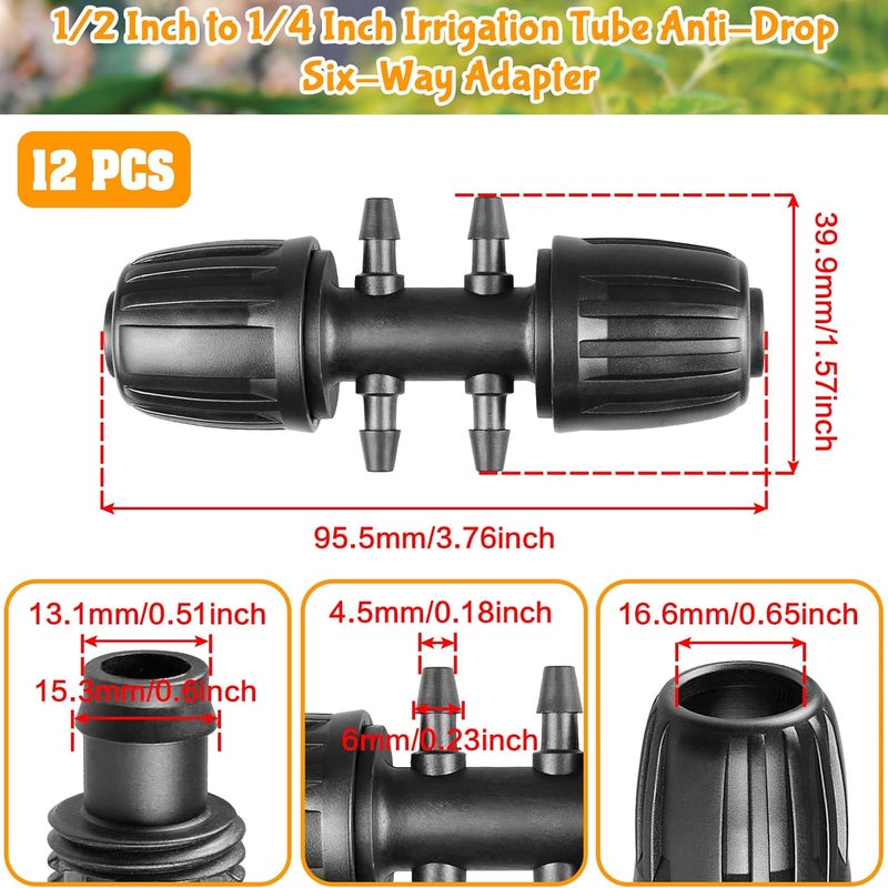 Gardrip Drip Irrigation Fittings for 1/2 Inch to 1/4 Inch Tubing Reducing Tee：1/2" (1/2" ID x 0.65" OD) to 1/4" Anti-Drop Locked Nut Barbed Reducer 6 Way Tee Connectors (12 Pack) - Image 2
